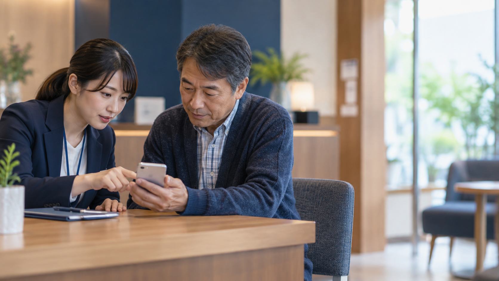 スマートフォンを一緒に確認する様子